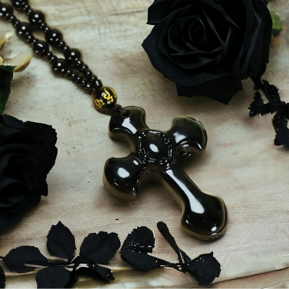 1pc Black Religious Christian Cross Fashion Obsidian Style Pendant Necklace - Picture 12 of 15